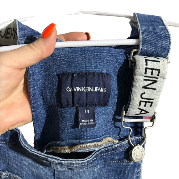 CALVIN KLEIN Skinny Denim Overall Girls' 14 Authentic Pockets Buttons Logo Strap - Picture 5 of 5